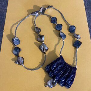 Blue Beaded Necklace with Abalone Stones and Crocheted Pouch